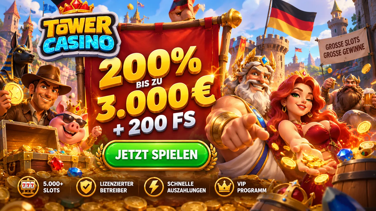 Tower Willkommensbonus: 200 % bis zu 3.000 € und 200 Freispiele