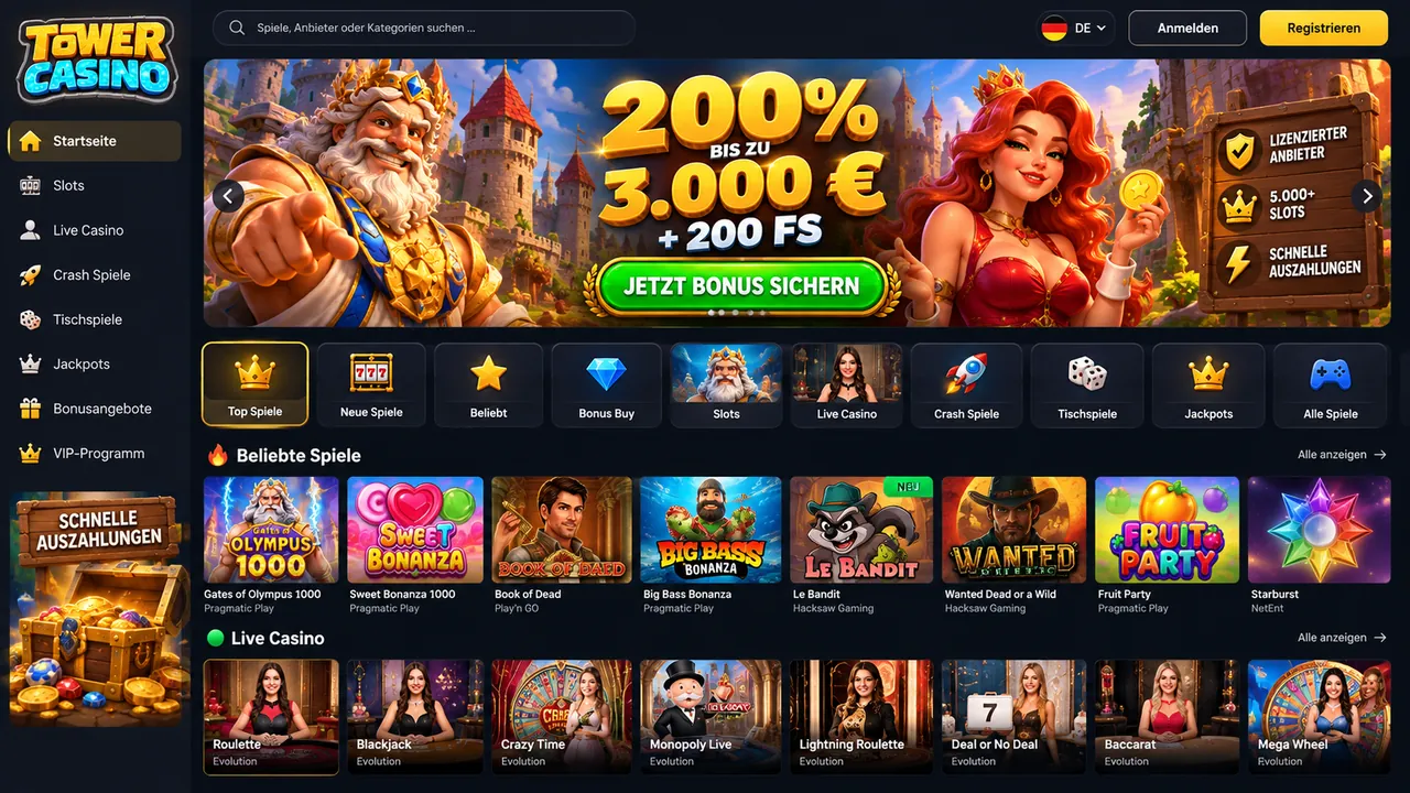 Die Spielelobby von Tower mit Slots, Live-Casino und Bonusangeboten